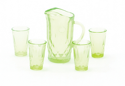 Dollhouse Miniature Pitcher W/4 Glasses, Green